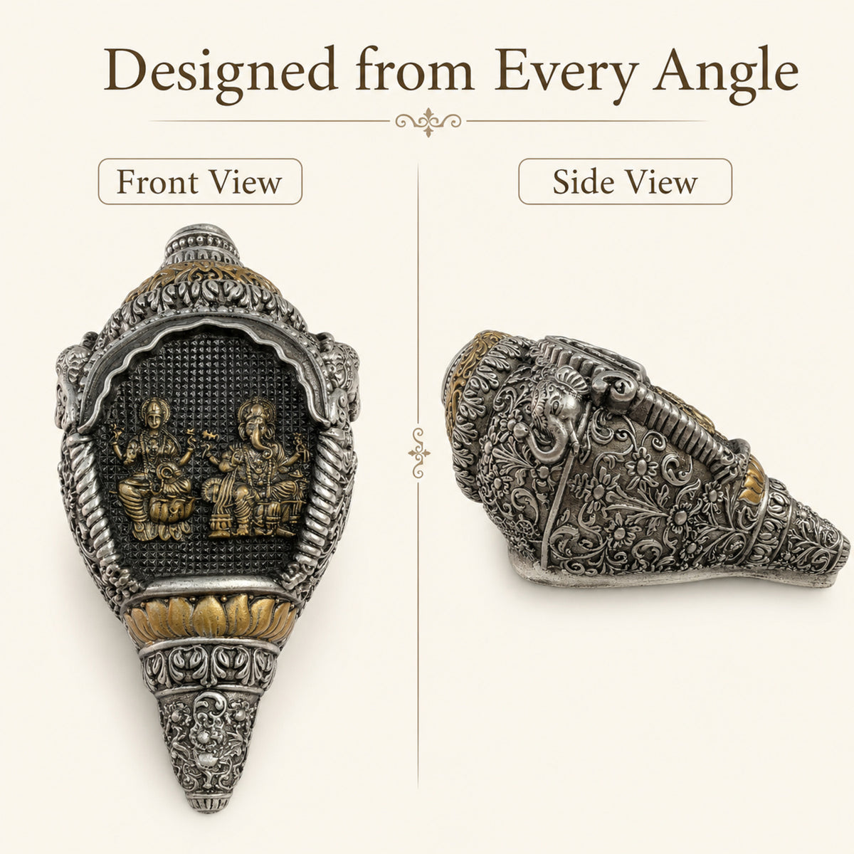Divine Lakshmi & Ganesha Shankh Duo with Dark Brown Box - Silver & Gold