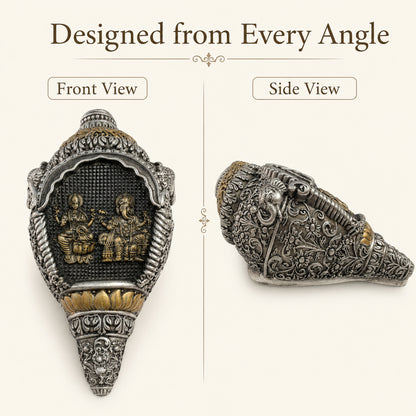 Divine Lakshmi & Ganesha Shankh Duo with Dark Brown Box - Silver & Gold