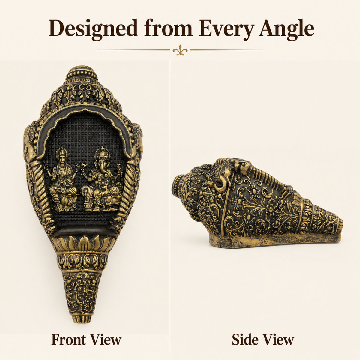 Lakshmi & Ganesha Shankh Duo with Dark Brown Box - Antique Gold