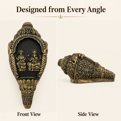 Lakshmi & Ganesha Shankh Duo with Dark Brown Box - Antique Gold