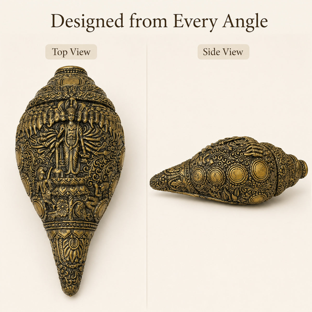 Sacred Lord Vishnu Shankh with Dark Brown Display Box - Antique Gold
