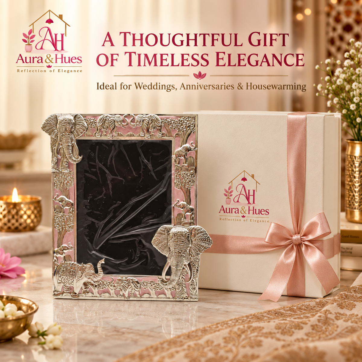 Aura & Hues Traditional Royal Elephant Handcrafted Wooden Photo Frame and Tabletop Desktop Art Decor - Charming Blush Pink Finish (17.7 x 22.8 cm)