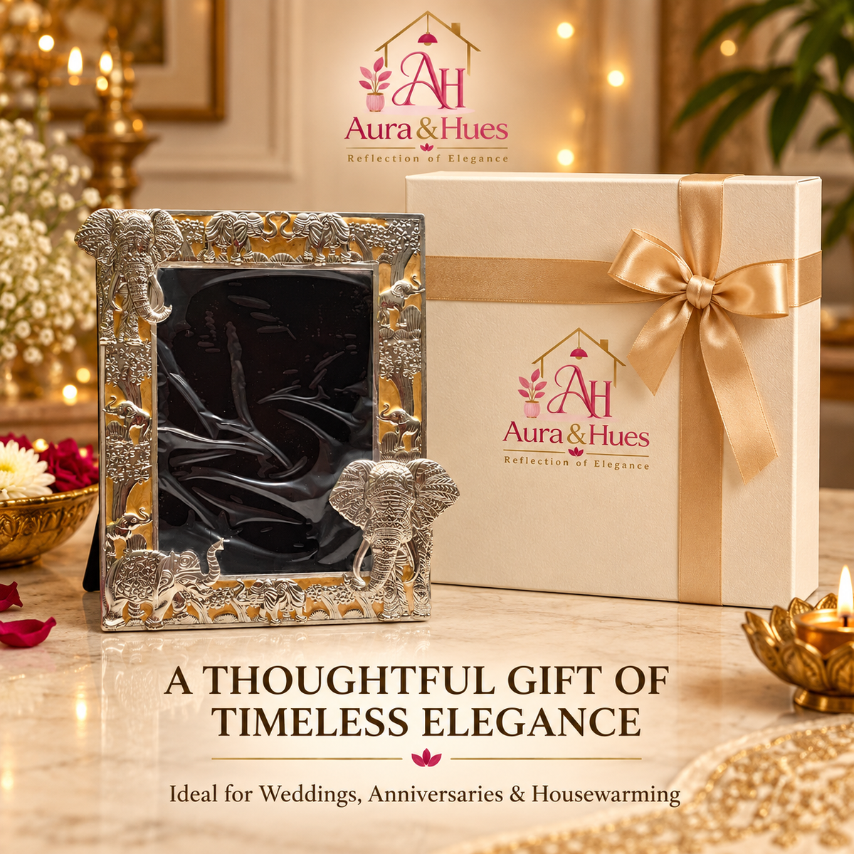 Aura & Hues Traditional Royal Elephant Handcrafted Wooden Photo Frame and Tabletop Desktop Art Decor - Festive Golden Yellow Finish (17.7 x 22.8 cm)