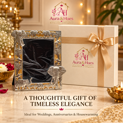 Aura & Hues Traditional Royal Elephant Handcrafted Wooden Photo Frame and Tabletop Desktop Art Decor - Festive Golden Yellow Finish (17.7 x 22.8 cm)