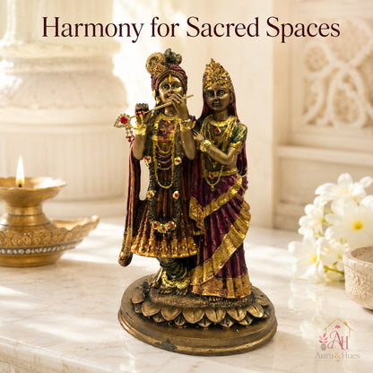 Divine Radha Krishna Embracing Idol - Antique Bronze, Gold & Maroon