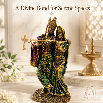 Ornate Divine Radha Krishna Statue - Antique Gold, Emerald Green & Maroon