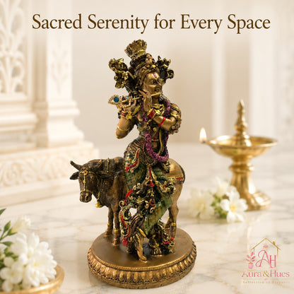 Sacred Lord Krishna with Sacred Kamadhenu Cow Idol - Antique Bronze & Multi-Tone