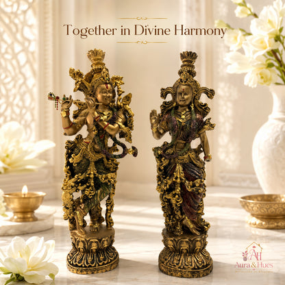 Divine Eternal Radha Krishna Statue - Antique Gold