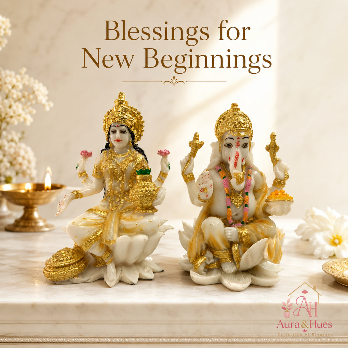 Auspicious Lakshmi Ji & Ganesha Ji Statues Set - Pristine White & Gold