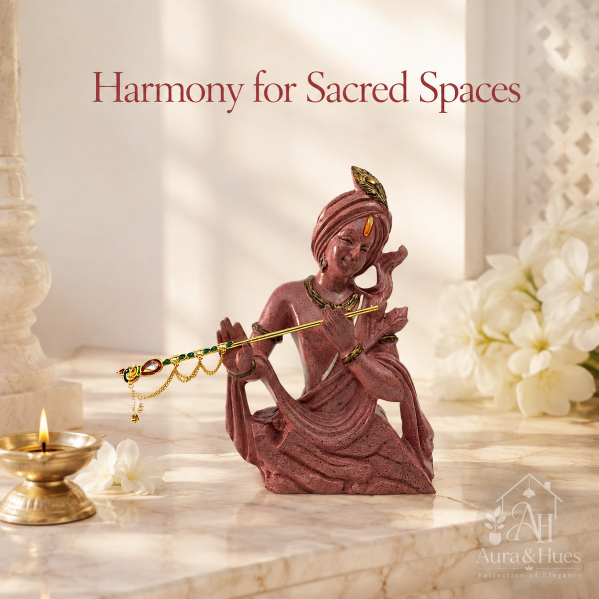Divine Lord Krishna Playing Flute Idol - Dusty Rose Gold