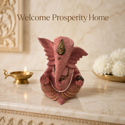 Auspicious Lord Ganesha with Flute Idol - Dusty Rose Gold