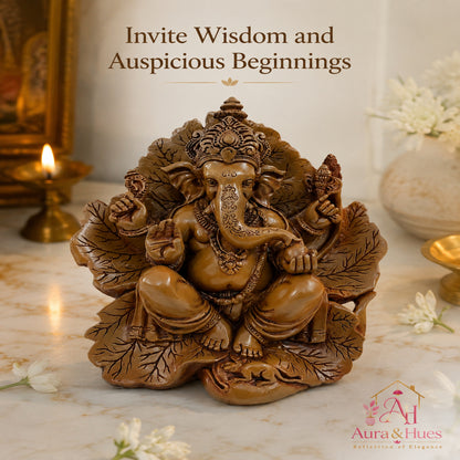 Artisanal Patta Ganesha Idol on Peepal Leaf - Matte Earthy Brown (Medium)