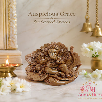 Artisanal Patta Ganesha Idol on Peepal Leaf - Matte Earthy Brown (Compact)