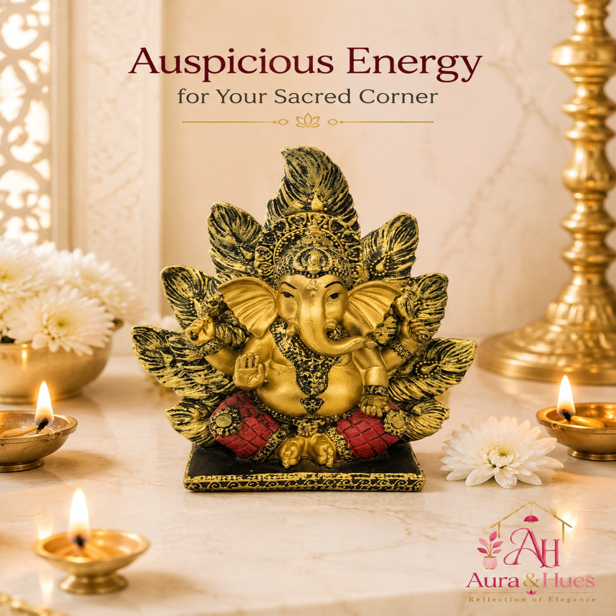Artisanal Patta Ganesha Idol on Peepal Leaf - Antique Gold & Rich Maroon