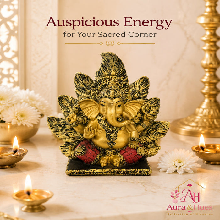 Artisanal Patta Ganesha Idol on Peepal Leaf - Antique Gold & Rich Maroon