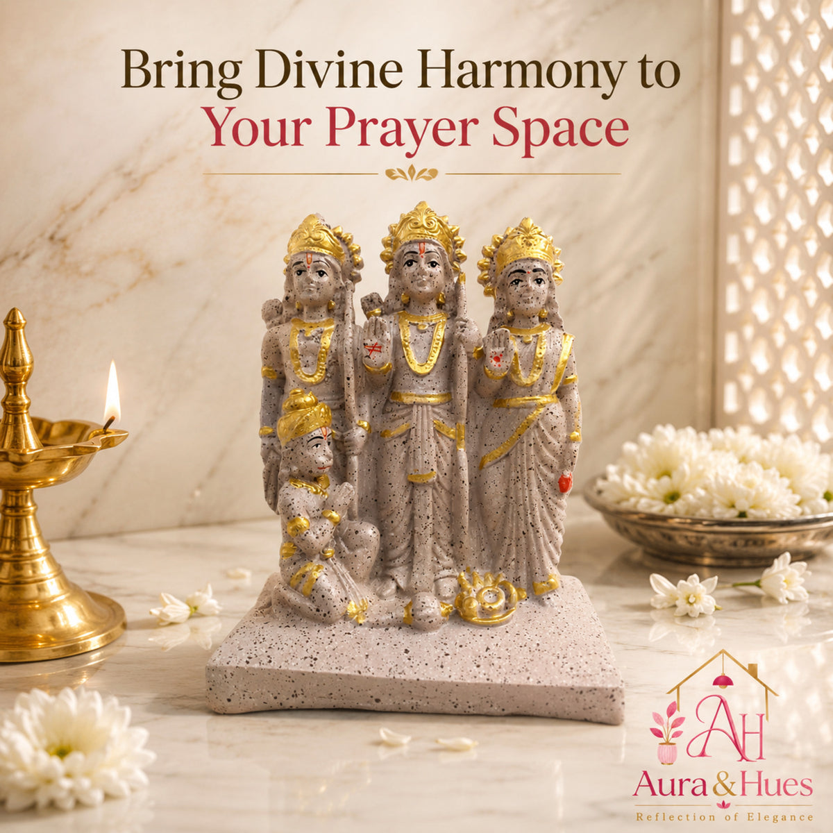 Sacred Stone-Finish Shri Ram Darbar Idol - Pinkish Beige & Gold