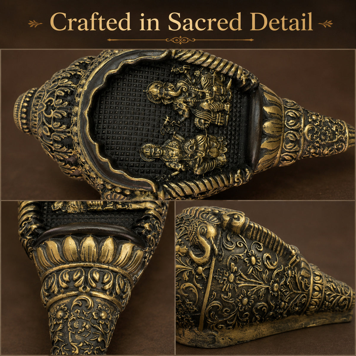 Lakshmi & Ganesha Shankh Duo with Dark Brown Box - Antique Gold