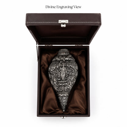 Sacred Divine Lord Vishnu Shankh with Dark Brown Display Box - Silver