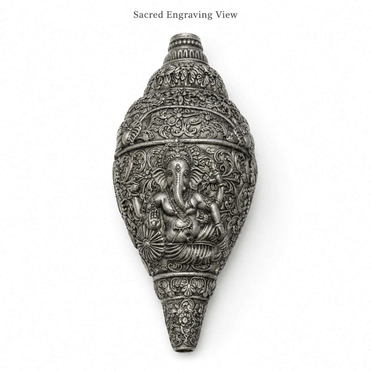 Sacred Divine Ganesha Shankh with Dark Brown Display Box - Silver
