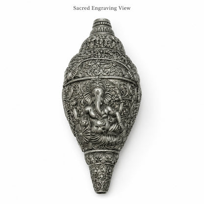 Sacred Divine Ganesha Shankh with Dark Brown Display Box - Silver