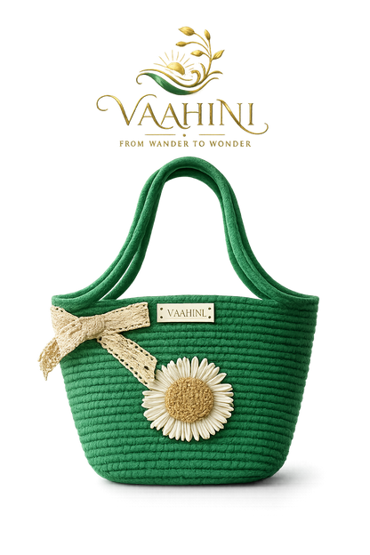 Vaahini Cotton Rope Daisy Handbag Dark Green - Multiple Angles