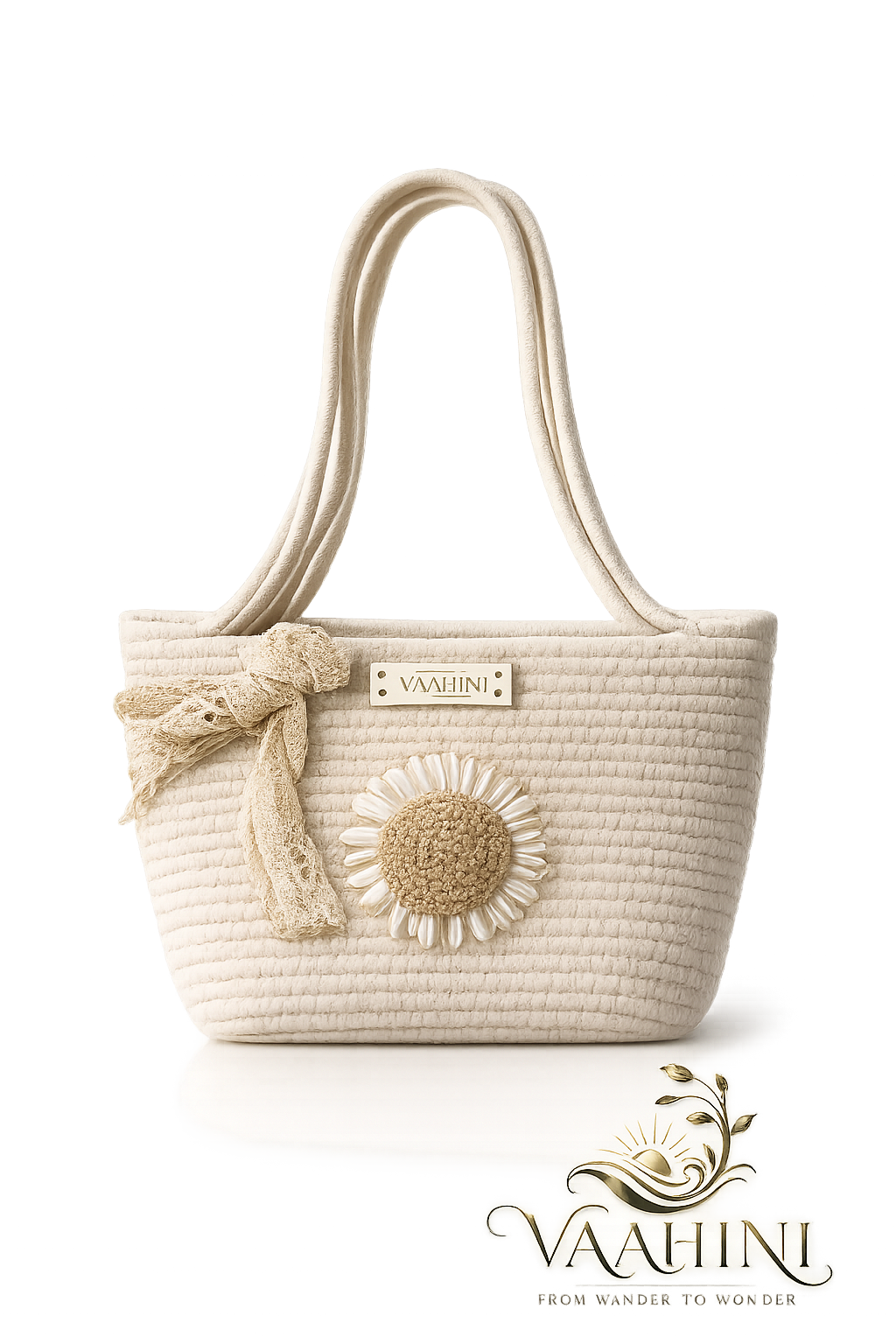 Vaahini Cotton Rope Daisy Handbag with Lace Bow - Side View