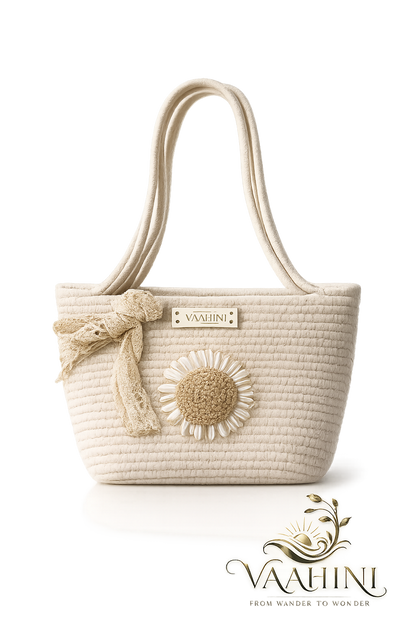 Vaahini Cotton Rope Daisy Handbag with Lace Bow - Side View
