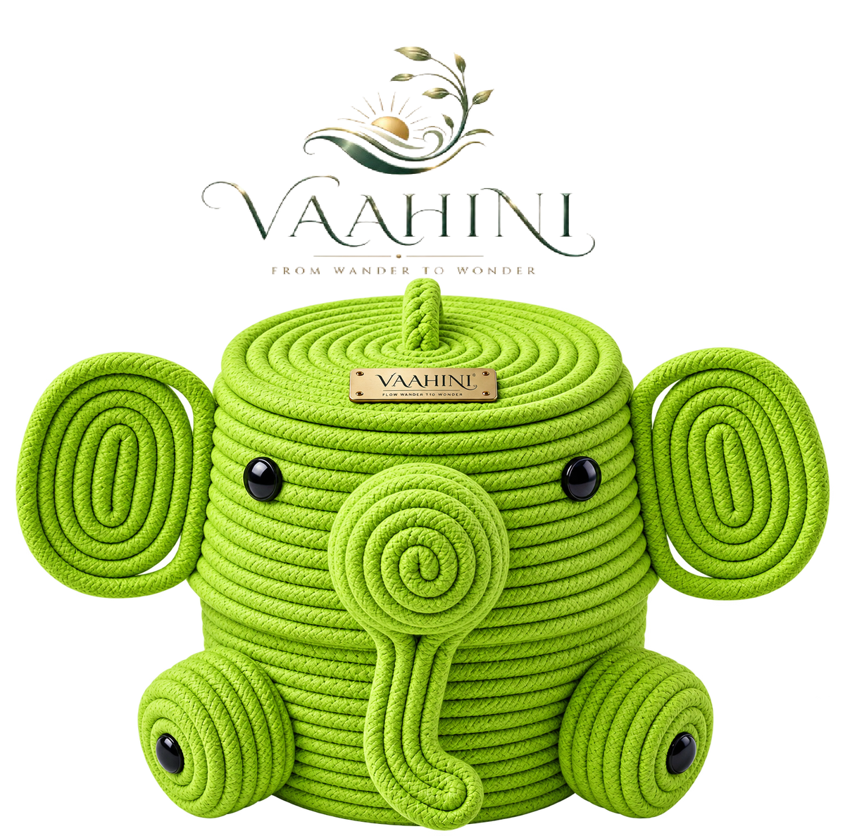 Vaahini Elephant Basket Parrot Green – front view with Vaahini logo