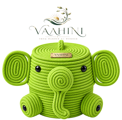 Vaahini Elephant Basket Parrot Green – front view with Vaahini logo