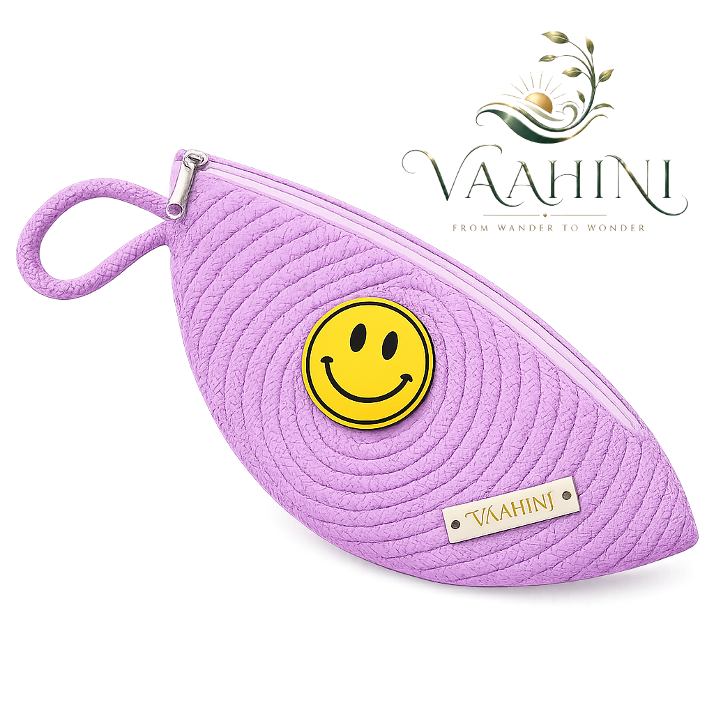 Vaahini Cotton Rope Smiley Coin Pouch Lilac - infographic with dimensions and specifications