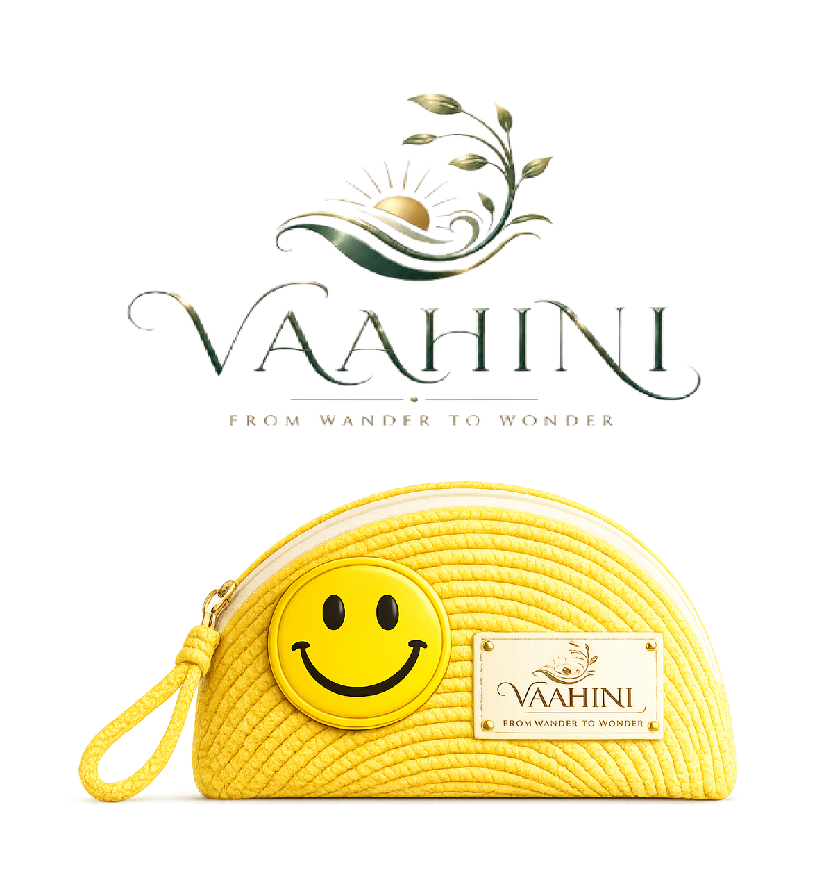 Vaahini Cotton Rope Smiley Coin Pouch Yellow - Front view with logo