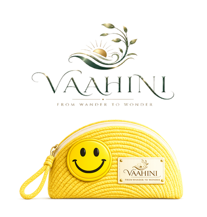 Vaahini Cotton Rope Smiley Coin Pouch Yellow - Front view with logo