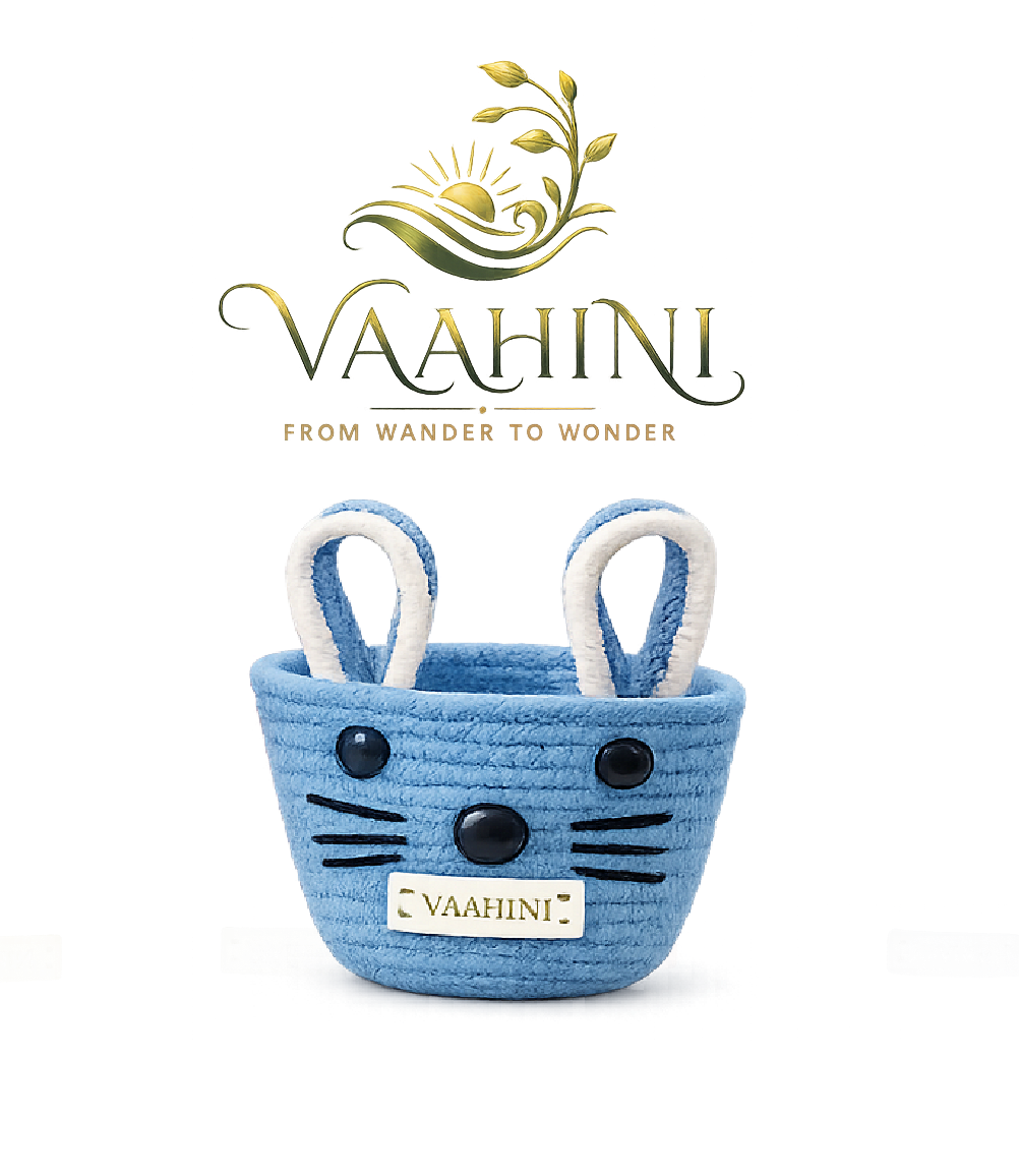 Vaahini Cotton Rope Cat Basket Blue with Ears - Front View with Logo