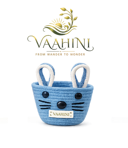 Vaahini Cotton Rope Cat Basket Blue with Ears - Front View with Logo