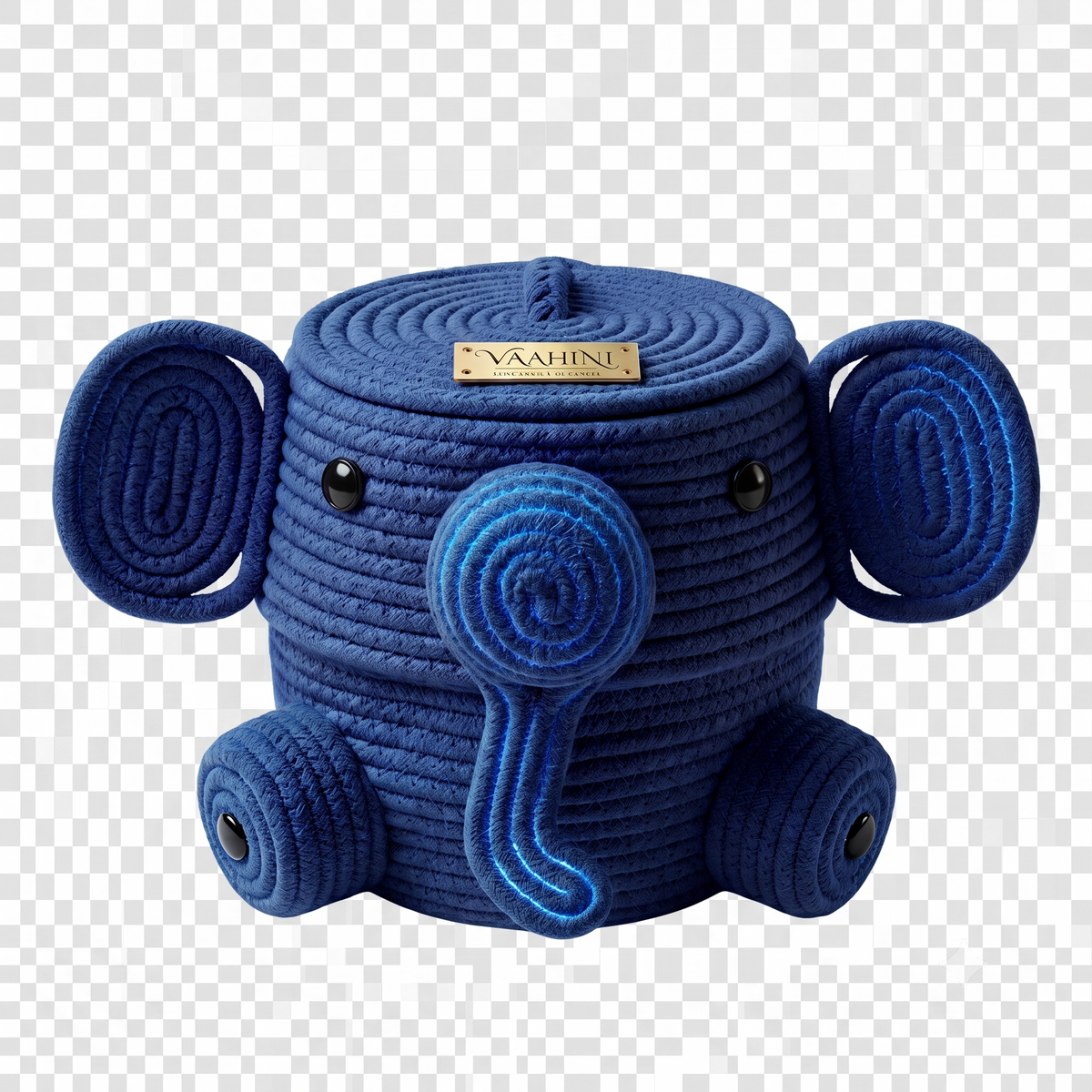 Cotton rope elephant basket in blue - front view with white background