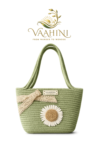 Vaahini Cotton Rope Daisy Handbag - Front view with logo