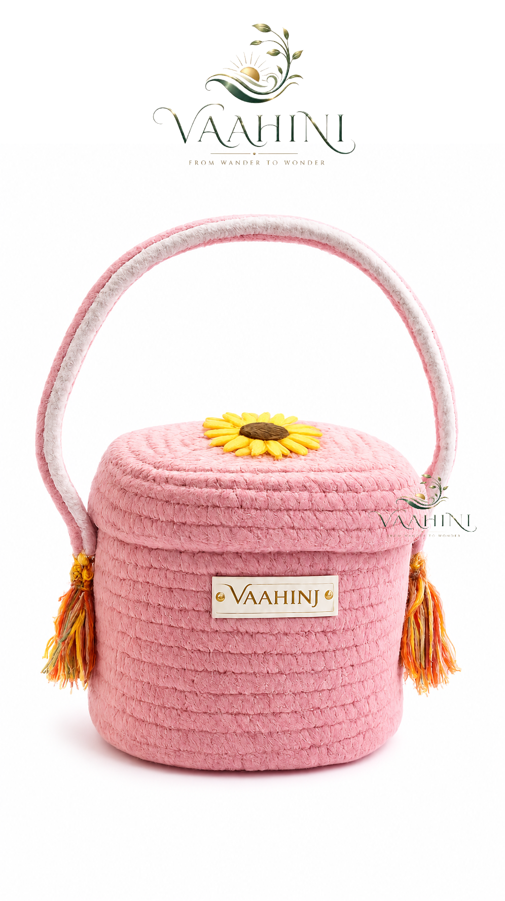 Vaahini pink cotton rope gift basket with sunflower lid and handle