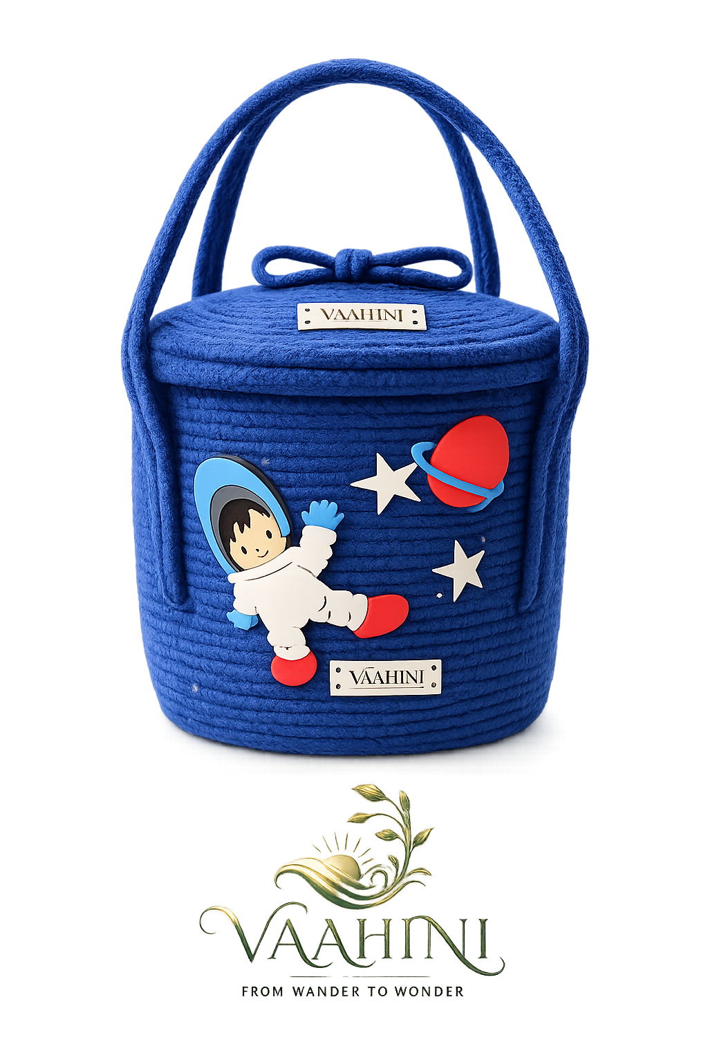 Vaahini Cotton Rope Kids Theme Handle Storage Basket With Lid - Astronaut (Blue)