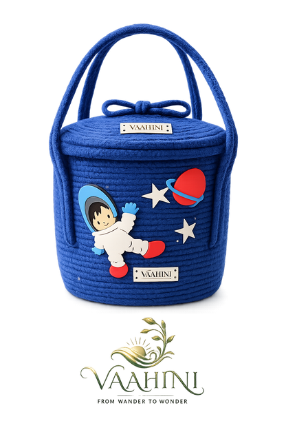 Vaahini Cotton Rope Kids Theme Handle Storage Basket With Lid - Astronaut (Blue)
