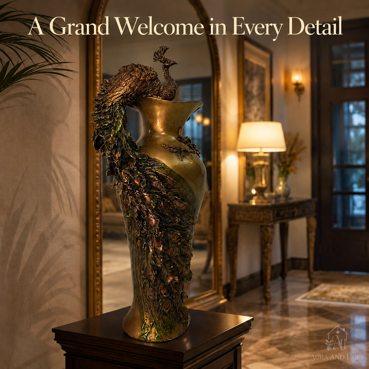 Artisanal Royal Peacock Decorative Flower Vase - Metallic Copper & Dark Brown