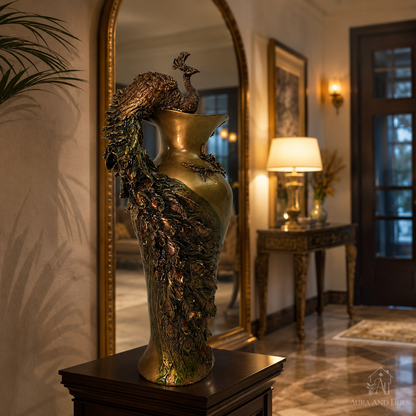 Artisanal Royal Peacock Decorative Flower Vase - Metallic Copper & Dark Brown