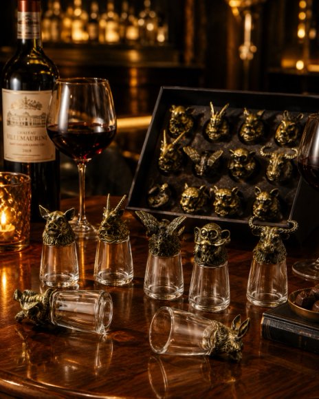 Luxury Animal Head Shot Glass Set with Black Gift Box, Premium Antique Finish Barware