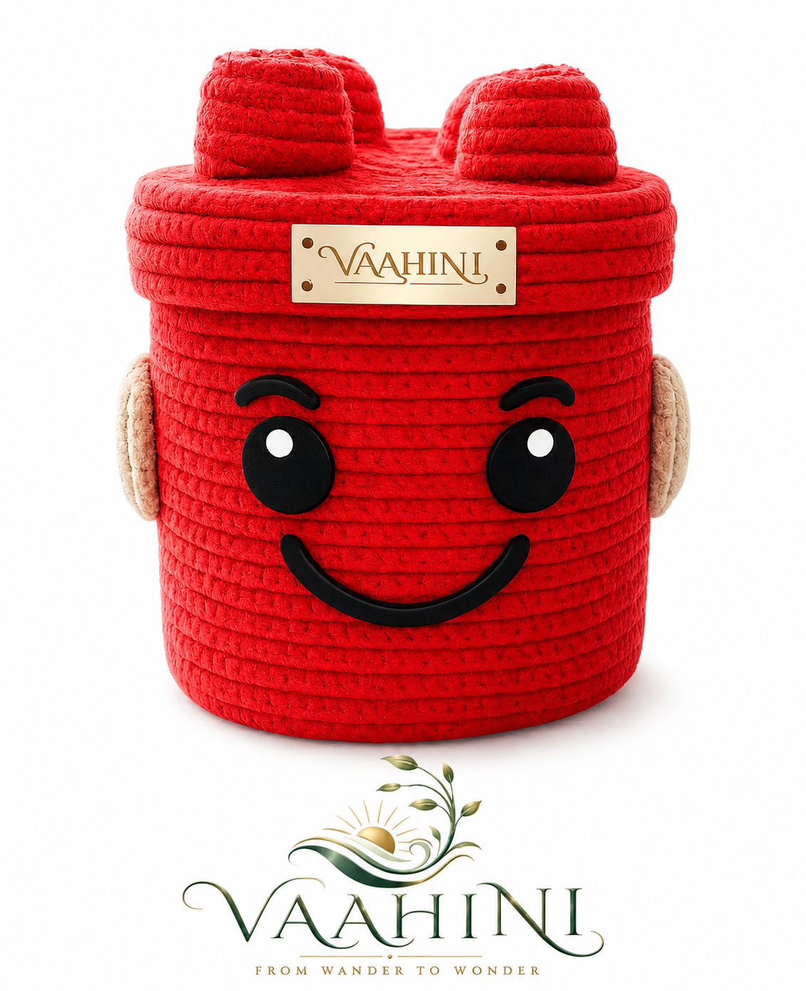 Vaahini Cotton Rope Smiley Basket with Lego Lid - Red, front view