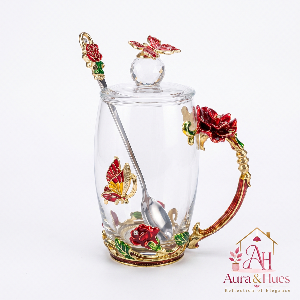 Aura & Hues  Gold Handpainted Ceramic Coffee Mug with Lid & Spoon 250ml - Crimson Red