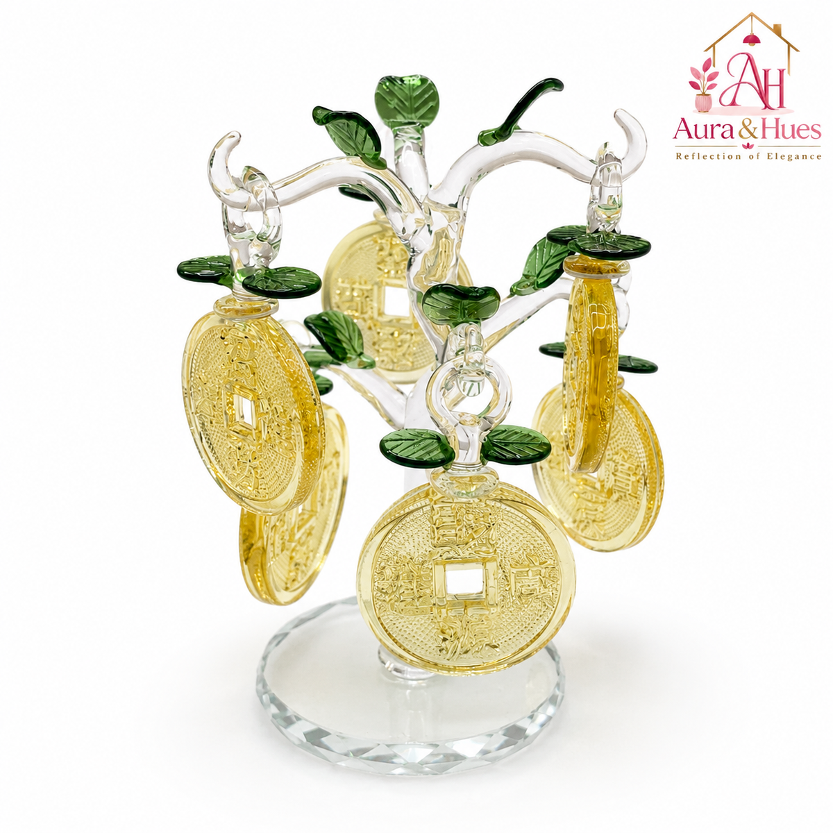 Aura & Hues Crystal Fortune Money Tree Handcrafted Golden Prosperity Coin Sculpture for Feng Shui Vastu Wealth Decor & Festive Office Gifting