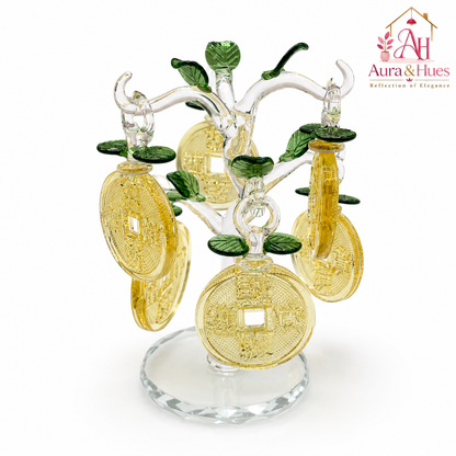 Aura & Hues Crystal Fortune Money Tree Handcrafted Golden Prosperity Coin Sculpture for Feng Shui Vastu Wealth Decor & Festive Office Gifting