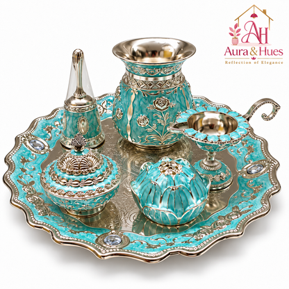 Aura & Hues Premium Royal Decorative Big Pooja Thali Set with 6 Essential Ritual Items - Light Blue Artisan Painted Centerpiece (30 x 30 cm)