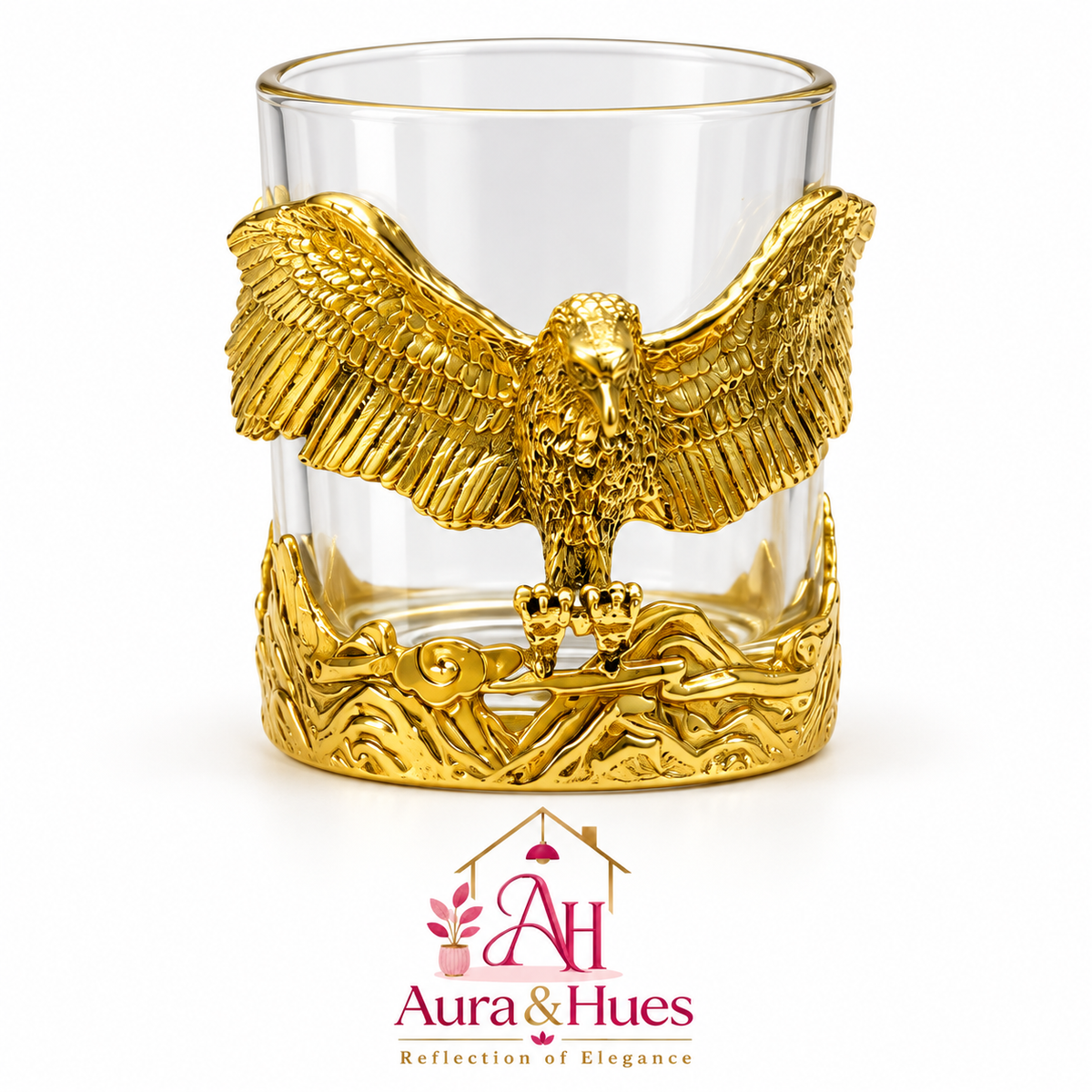 Aura & Hues Feng Shui Majestic Eagle Whiskey Glass 300ml - Gold Embossed Barware