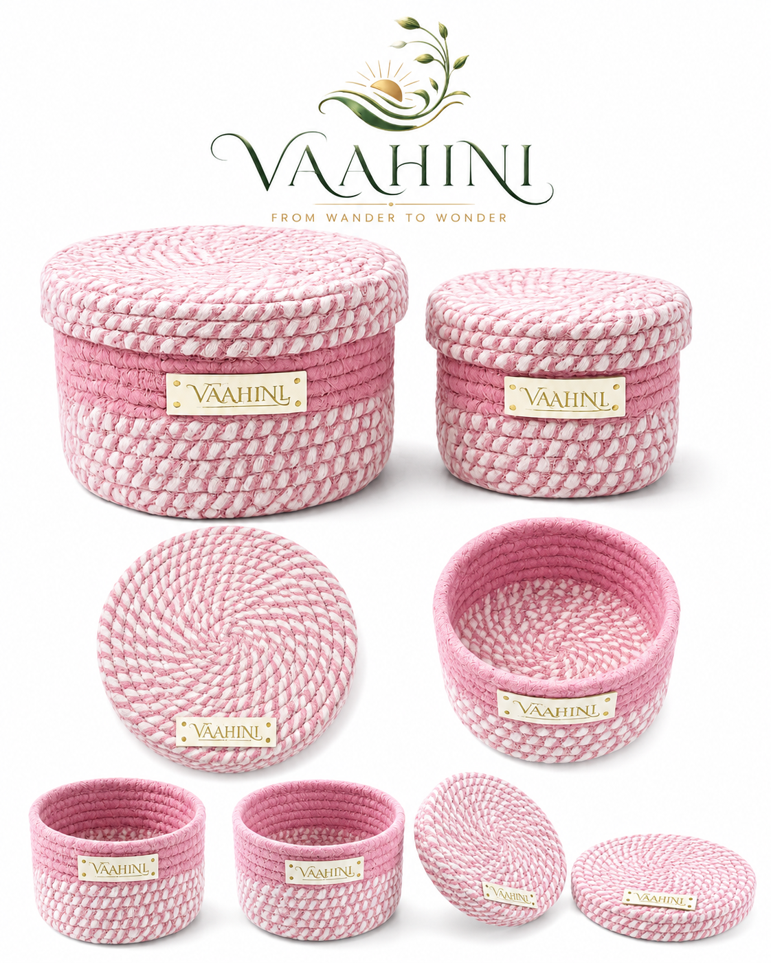 Vaahini Cotton Rope Combo Pack Storage Baskets with Lid - Pink - Multiple Views