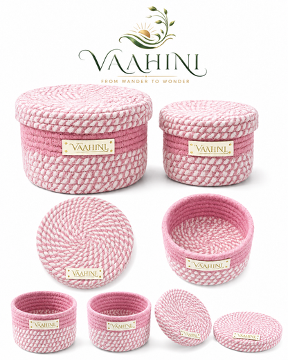 Vaahini Cotton Rope Combo Pack Storage Baskets with Lid - Pink - Multiple Views